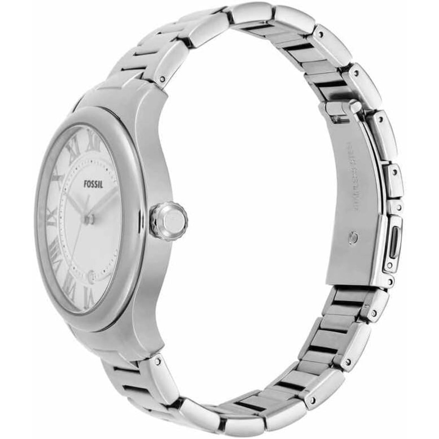 Fossil ES5393 with silver dial, Roman numerals, stainless steel case and stainless steel bracelet shown from side angle.