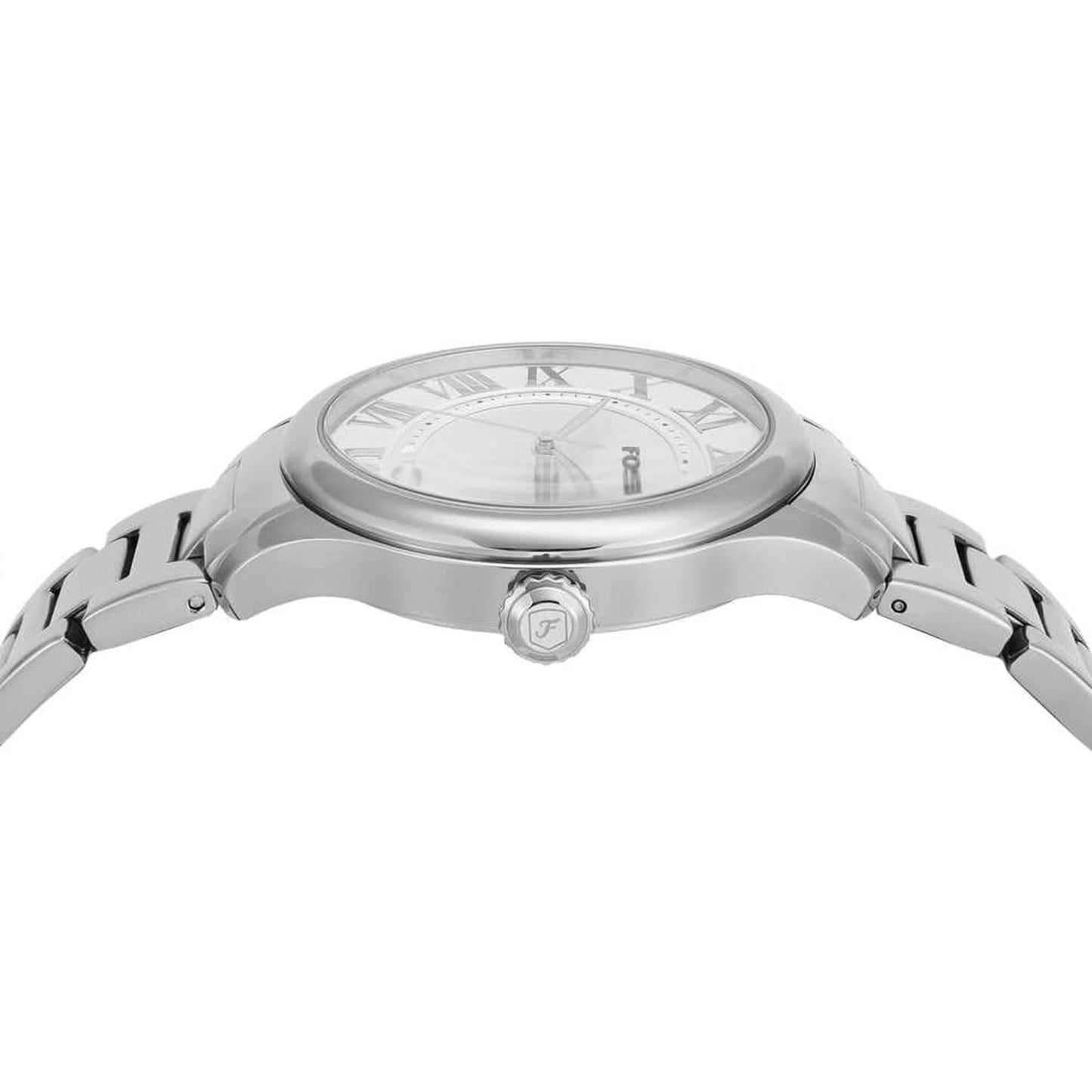 Fossil ES5393 side profile with stainless steel case, crown and stainless steel bracelet.