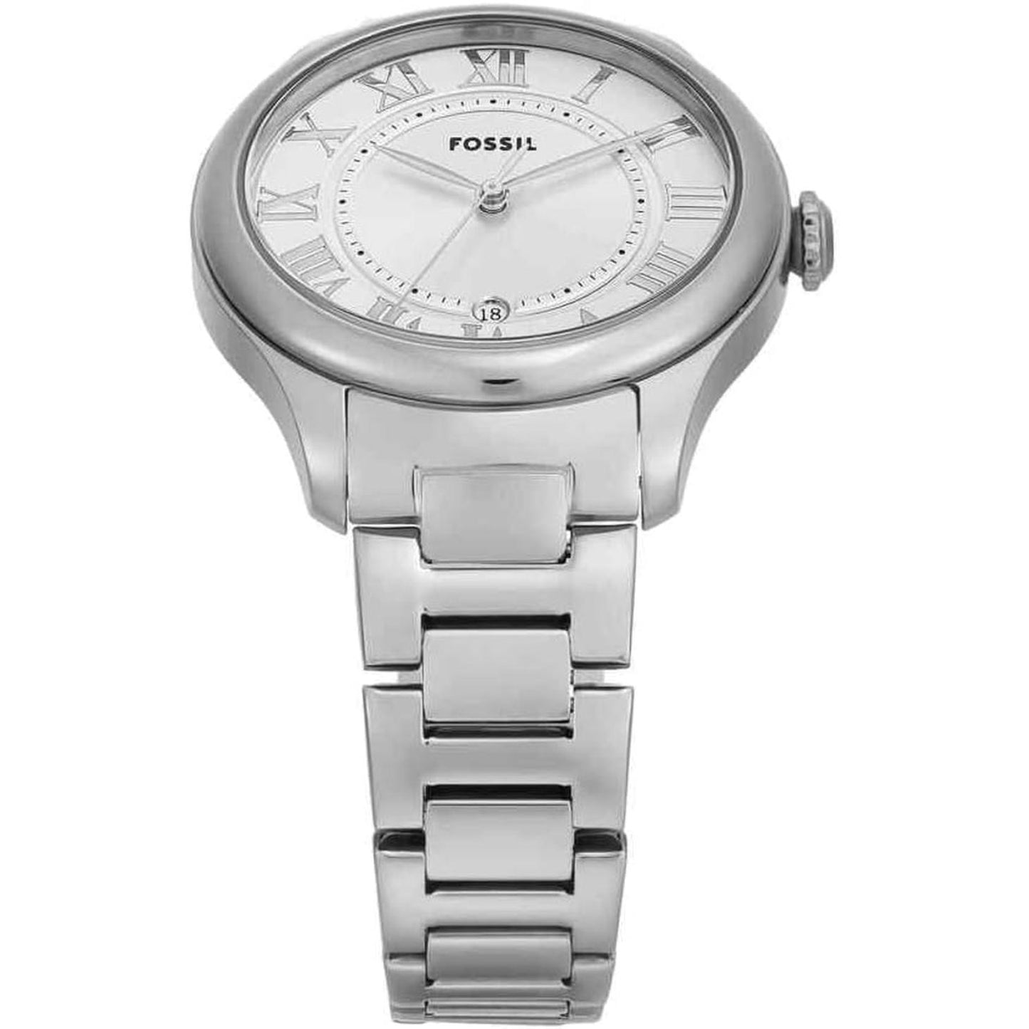 Fossil ES5393 with silver dial, Roman numeral hour markers, stainless steel case and stainless steel bracelet shown at an angle.