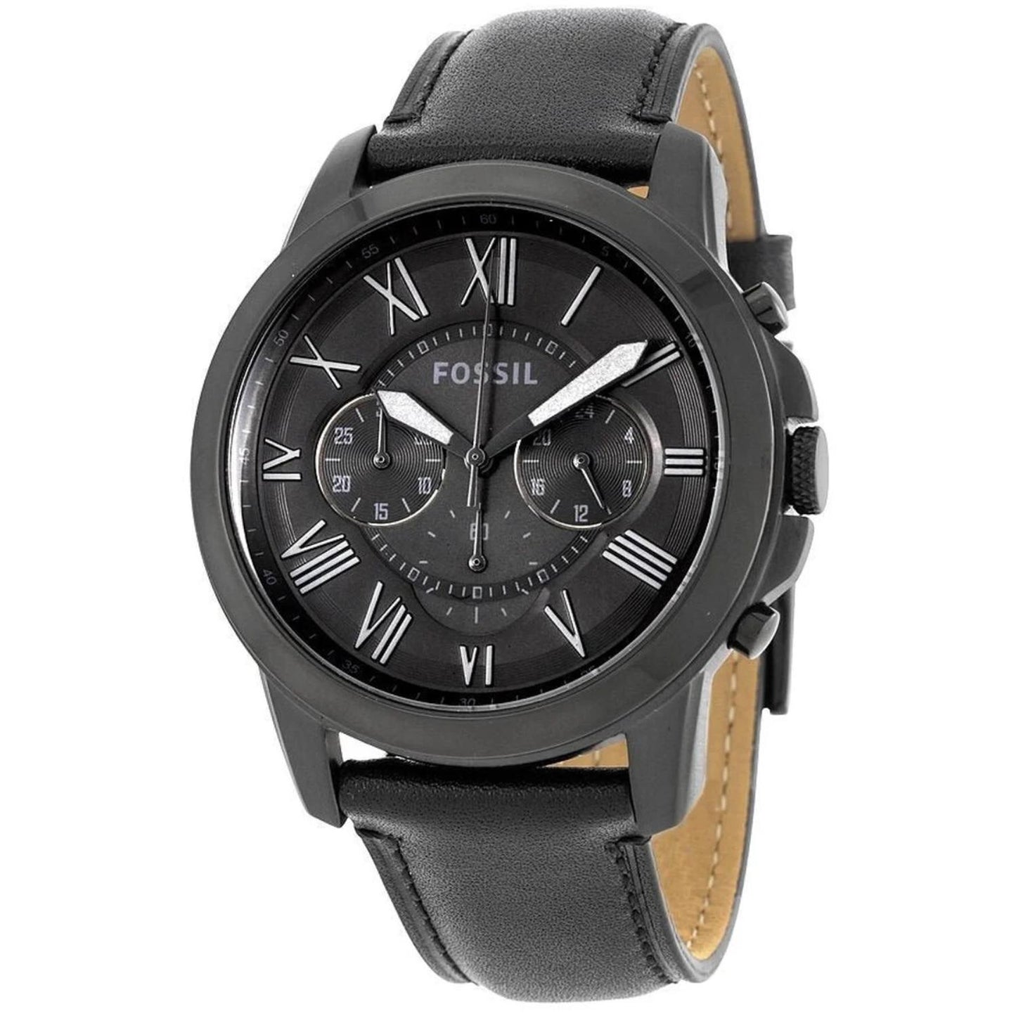 Fossil FS5151 mens chronograph watch with black dial, Roman numerals, subdials and black leather strap in classic dress style