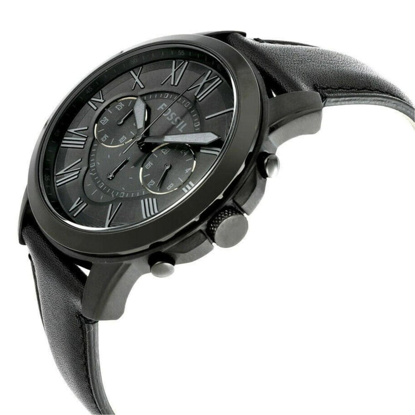 Fossil FS5151 mens chronograph watch angled side view showing black case, pushers, subdials and black leather strap