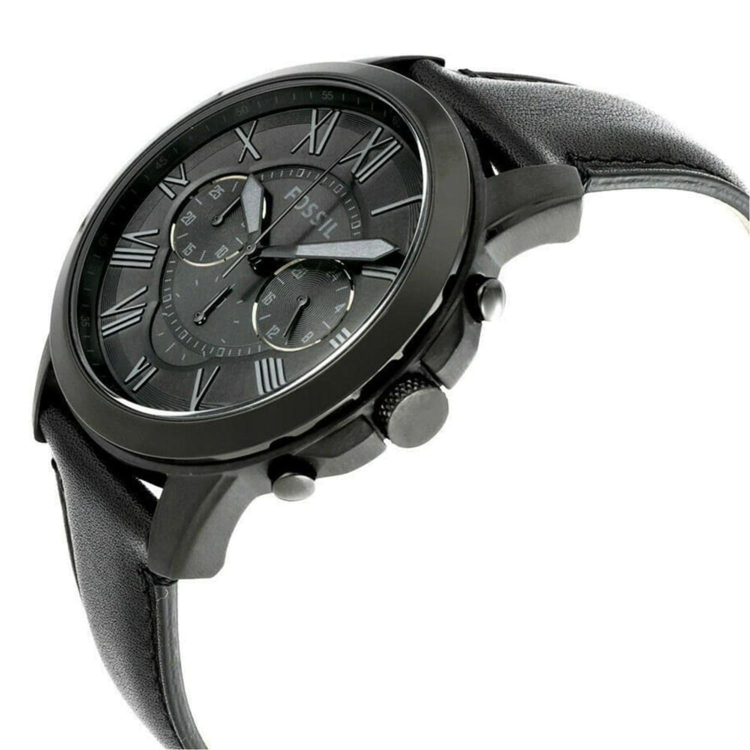 Fossil FS5151 mens chronograph watch angled side view showing black case, pushers, subdials and black leather strap