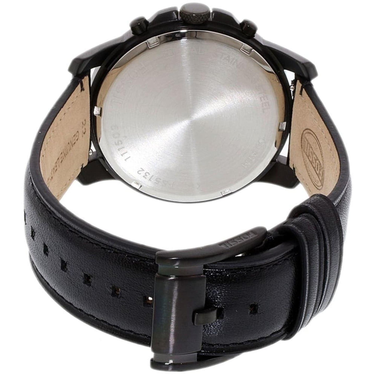 Fossil FS5151 rear view showing stainless steel caseback, chronograph pushers and black leather strap with buckle closure