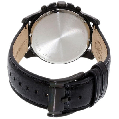 Fossil FS5151 rear view showing stainless steel caseback, chronograph pushers and black leather strap with buckle closure