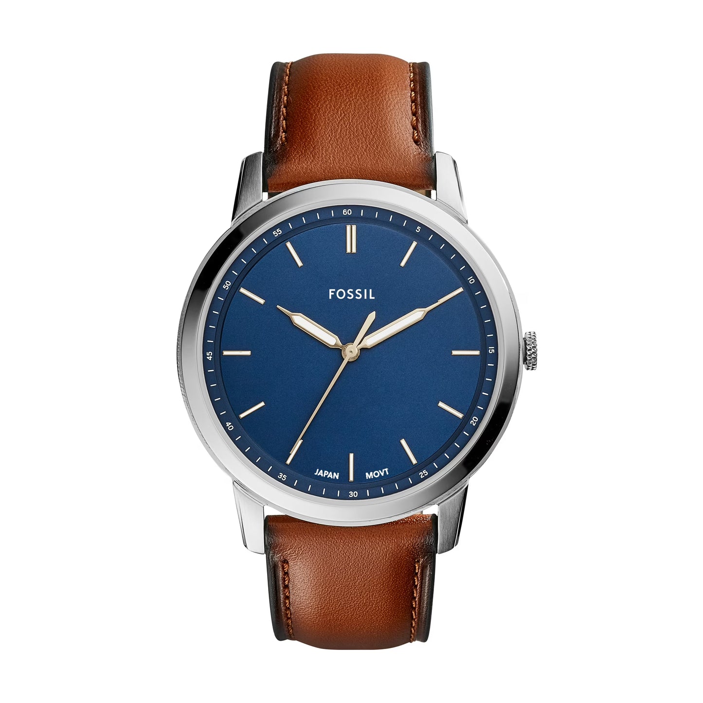 Reloj Fossil Minimalist FS5304, esfera azul, correa de cuero marrón y caja plateada, estilo clásico y limpio.