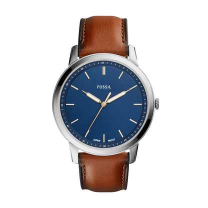 Reloj Fossil Minimalist FS5304, esfera azul, correa de cuero marrón y caja plateada, estilo clásico y limpio.