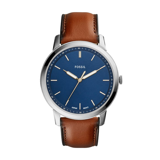 Reloj Fossil Minimalist FS5304, esfera azul, correa de cuero marrón y caja plateada, estilo clásico y limpio.