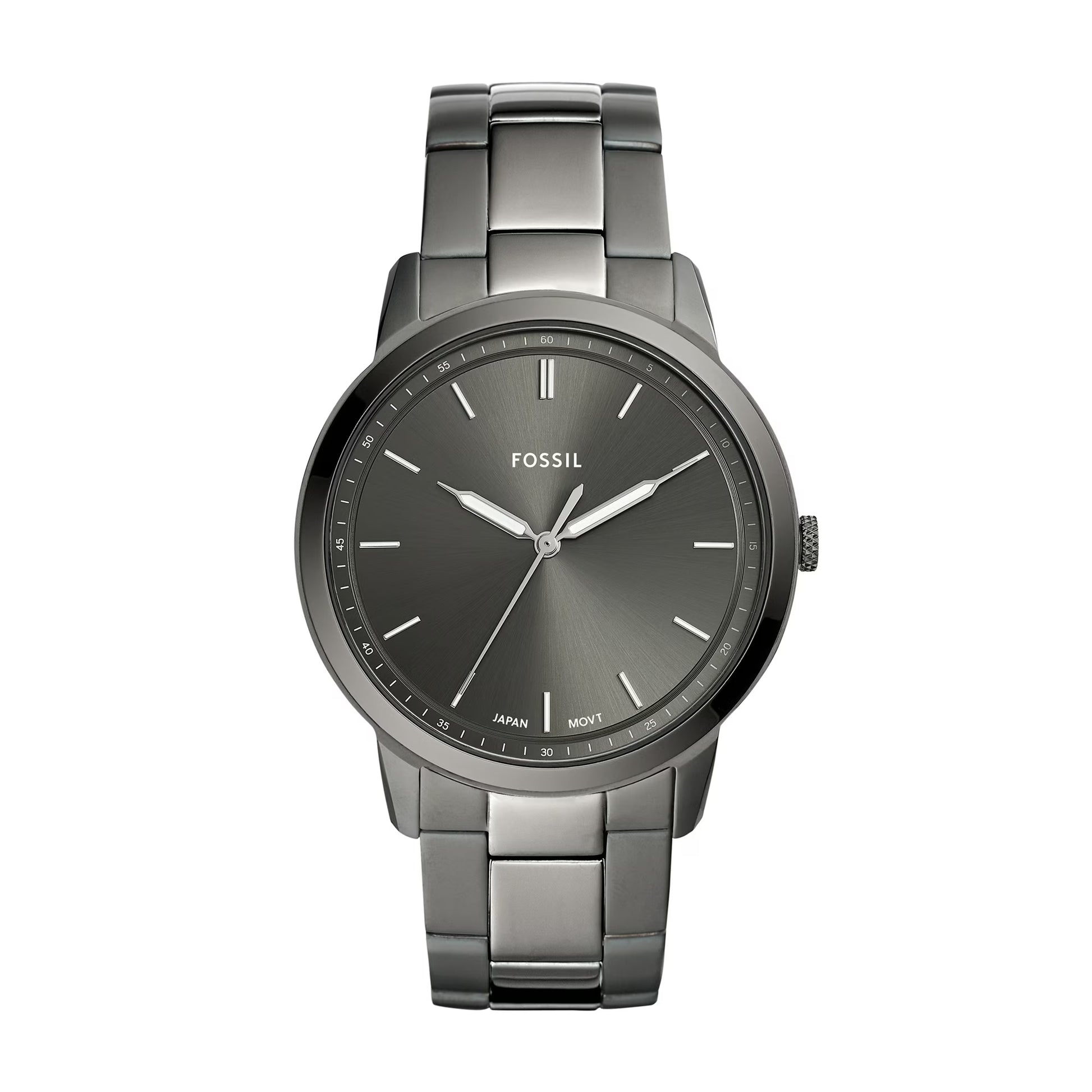 Reloj Fossil Minimalist FS5304 smoke gris, esfera y brazalete metálico, diseño elegante y moderno.