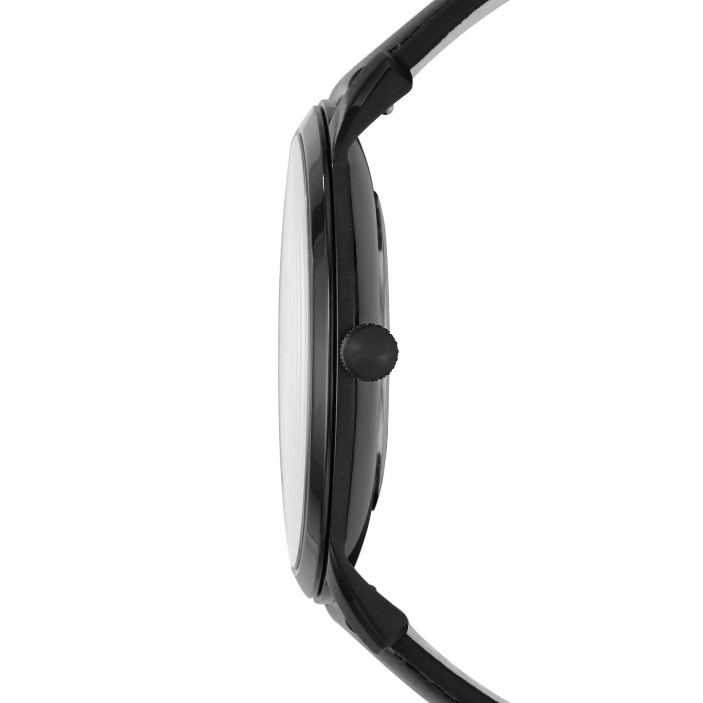 Vista lateral del reloj Fossil FS5304 Minimalist total black, caja negra y correa de piel negra.