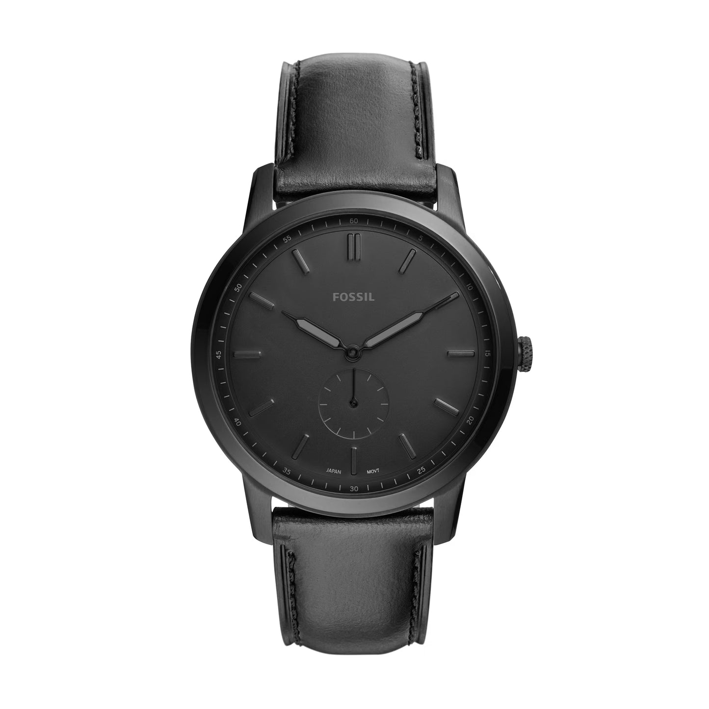 Reloj Fossil Minimalist FS5304 edición total black, completamente negro con correa de piel, diseño monocromático y moderno.