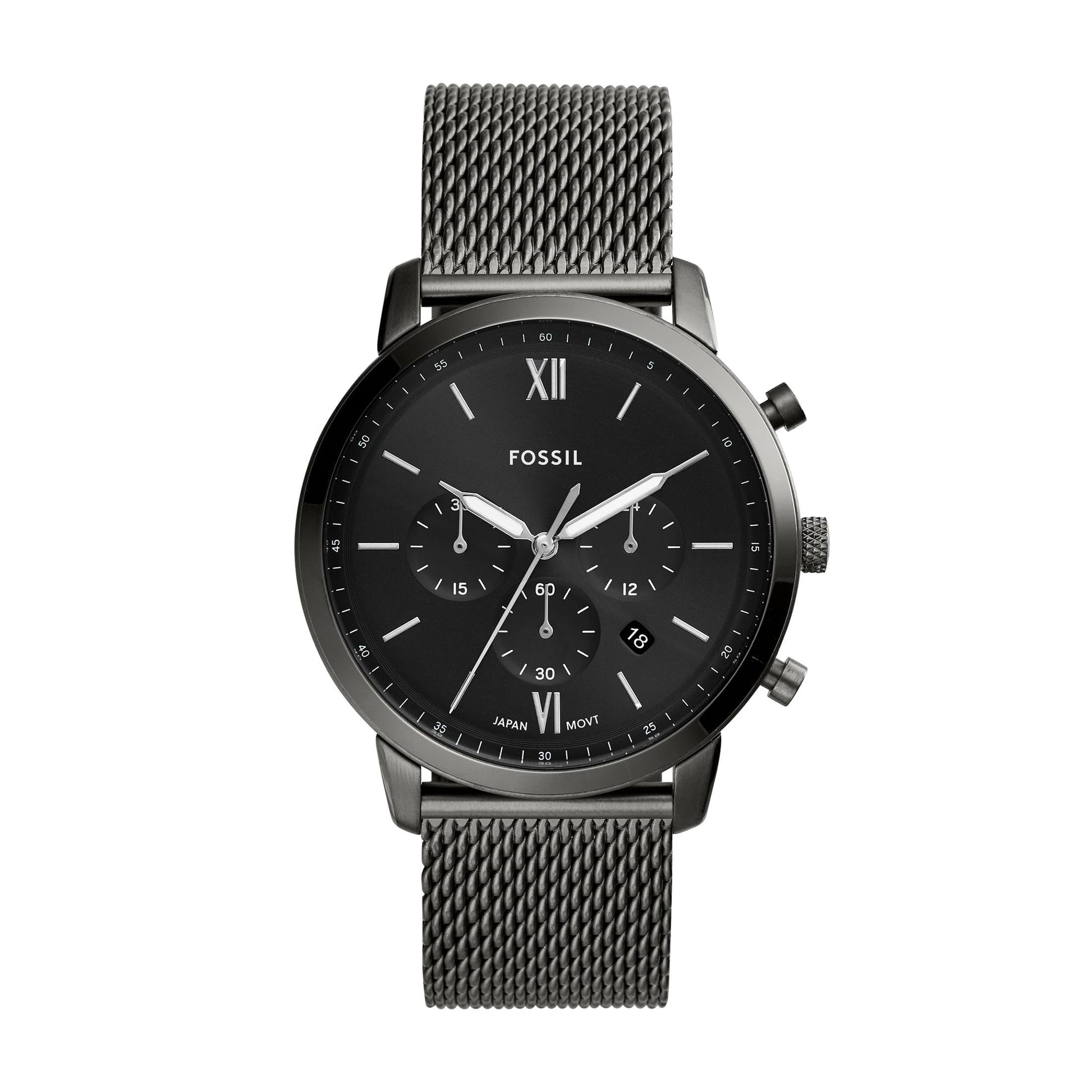 Fossil FS5699 mens chronograph watch with black dial, subdials, date window and stainless steel mesh bracelet in modern style