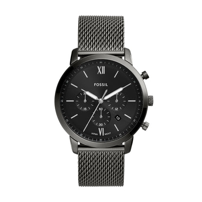 Fossil FS5699 mens chronograph watch with black dial, subdials, date window and stainless steel mesh bracelet in modern style