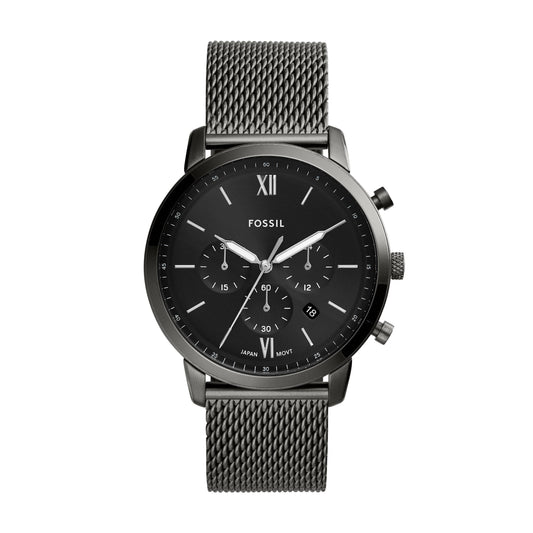 Fossil FS5699 mens chronograph watch with black dial, subdials, date window and stainless steel mesh bracelet in modern style
