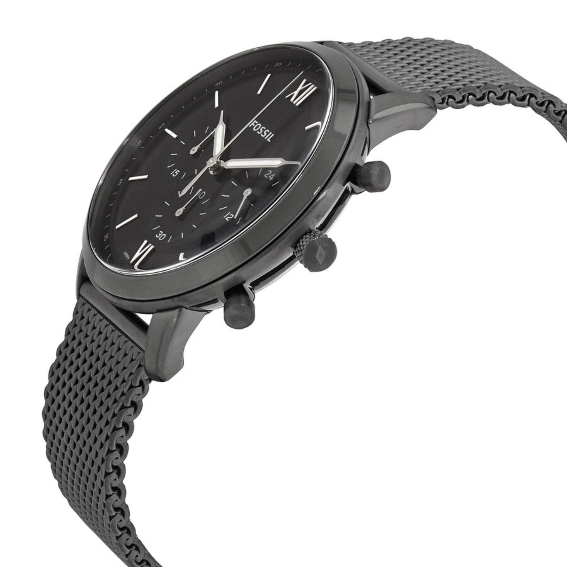 Fossil FS5699 mens chronograph watch angled side view showing black case, pushers, subdials and stainless steel mesh bracelet