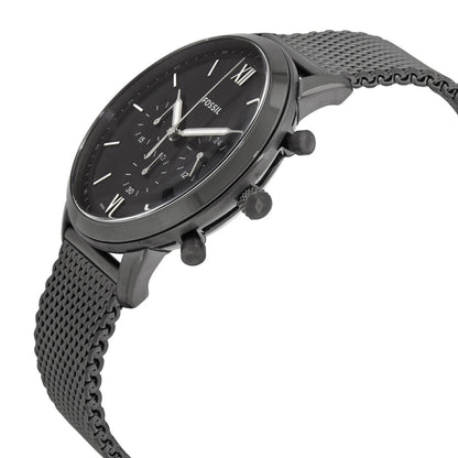 Fossil FS5699 mens chronograph watch angled side view showing black case, pushers, subdials and stainless steel mesh bracelet