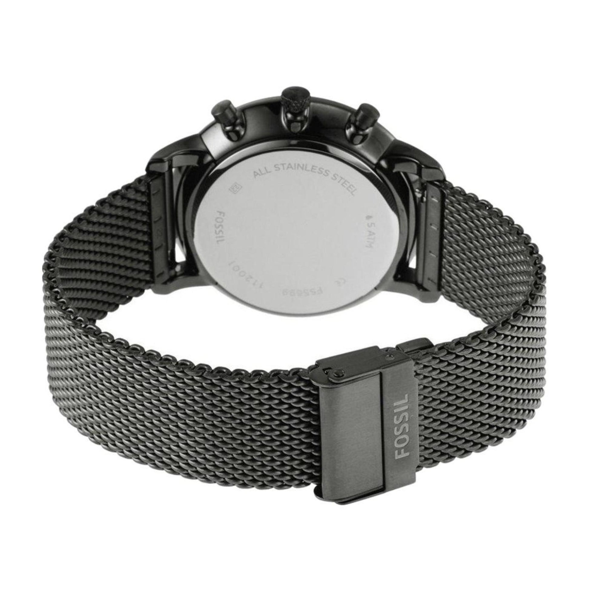 Fossil FS5699 rear view showing stainless steel caseback, chronograph pushers and mesh bracelet with clasp closure