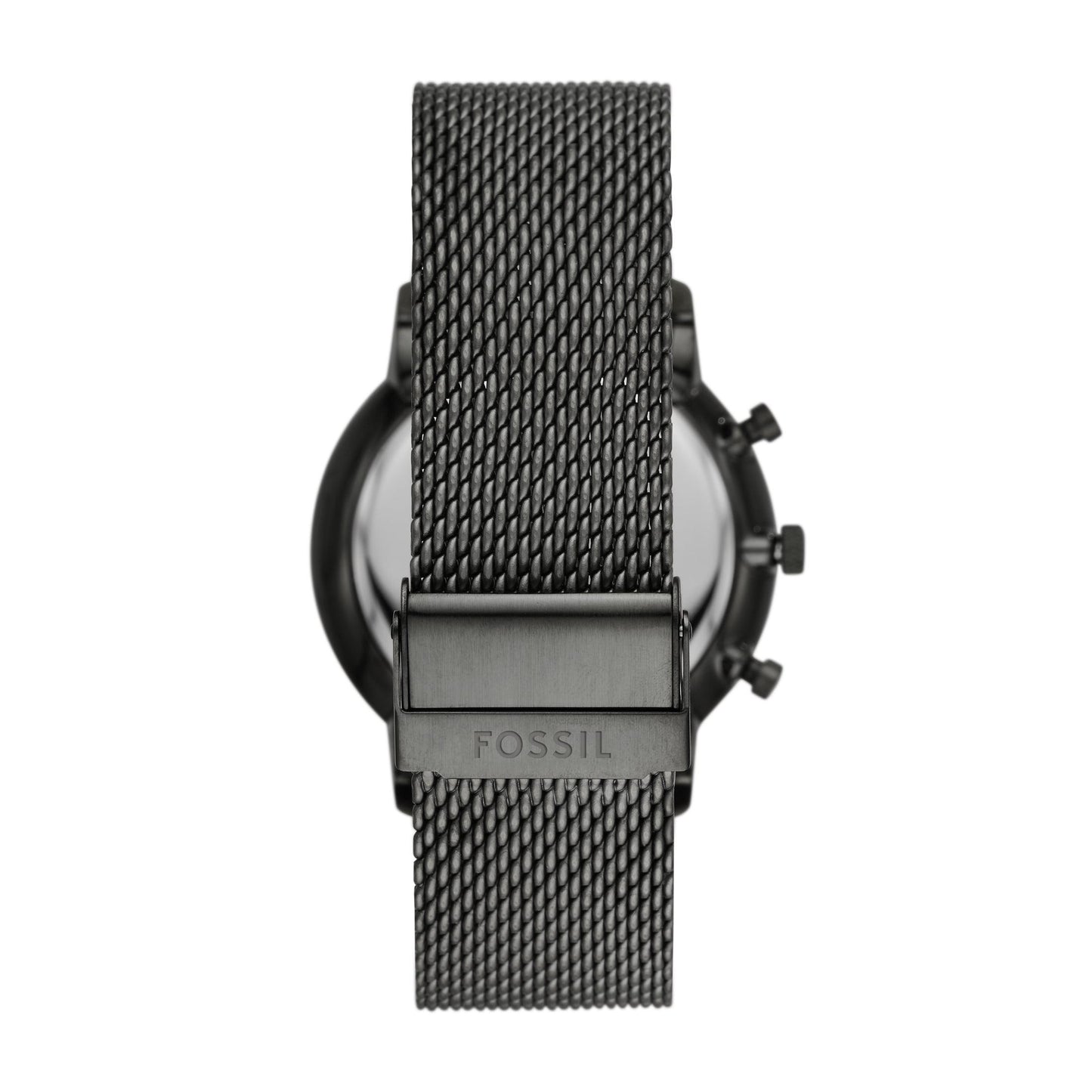 Fossil FS5699 rear view showing stainless steel mesh bracelet with fold over clasp and Fossil logo detail