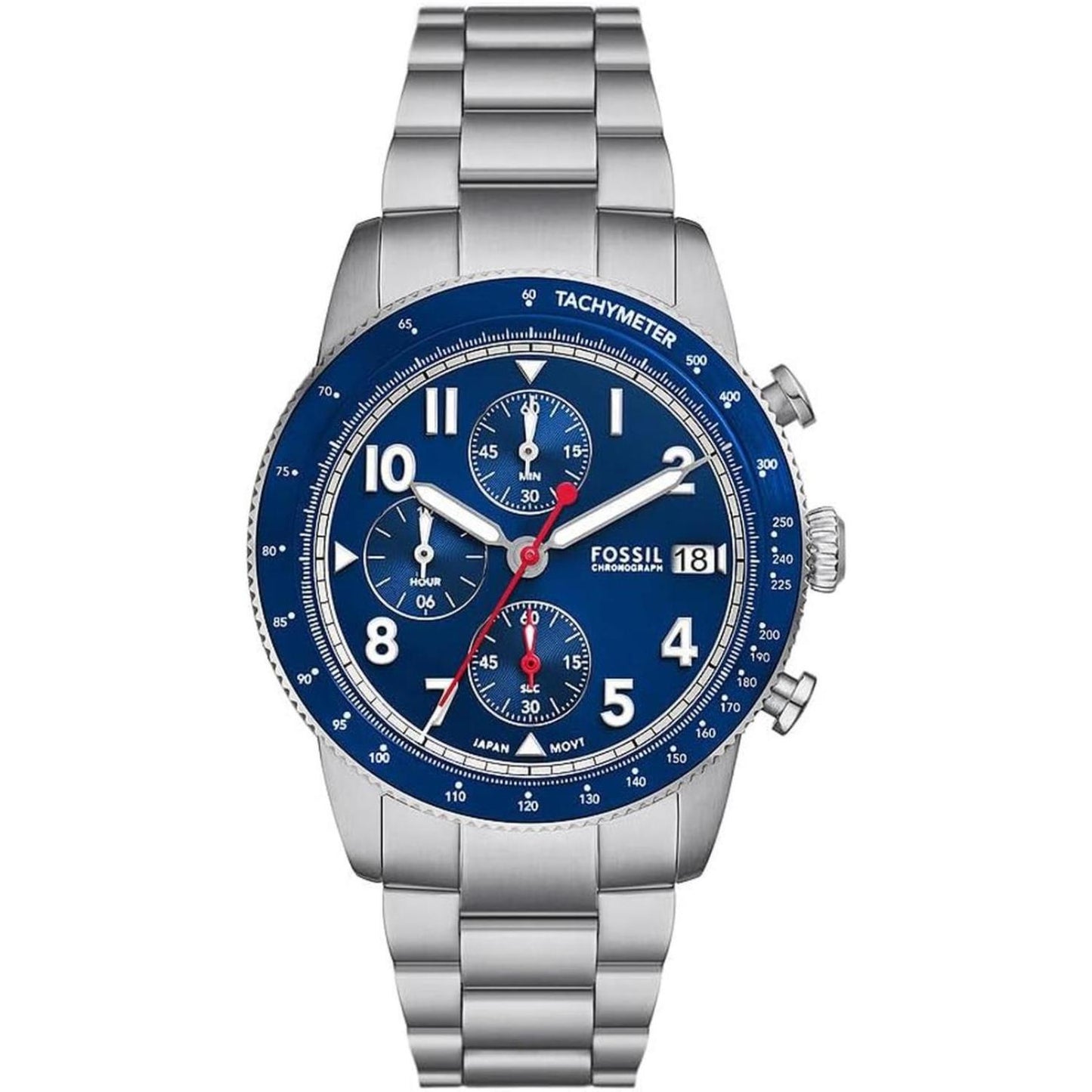 Fossil FS6047 chronograph with blue dial, three subdials, tachymeter bezel, stainless steel case and stainless steel bracelet.
