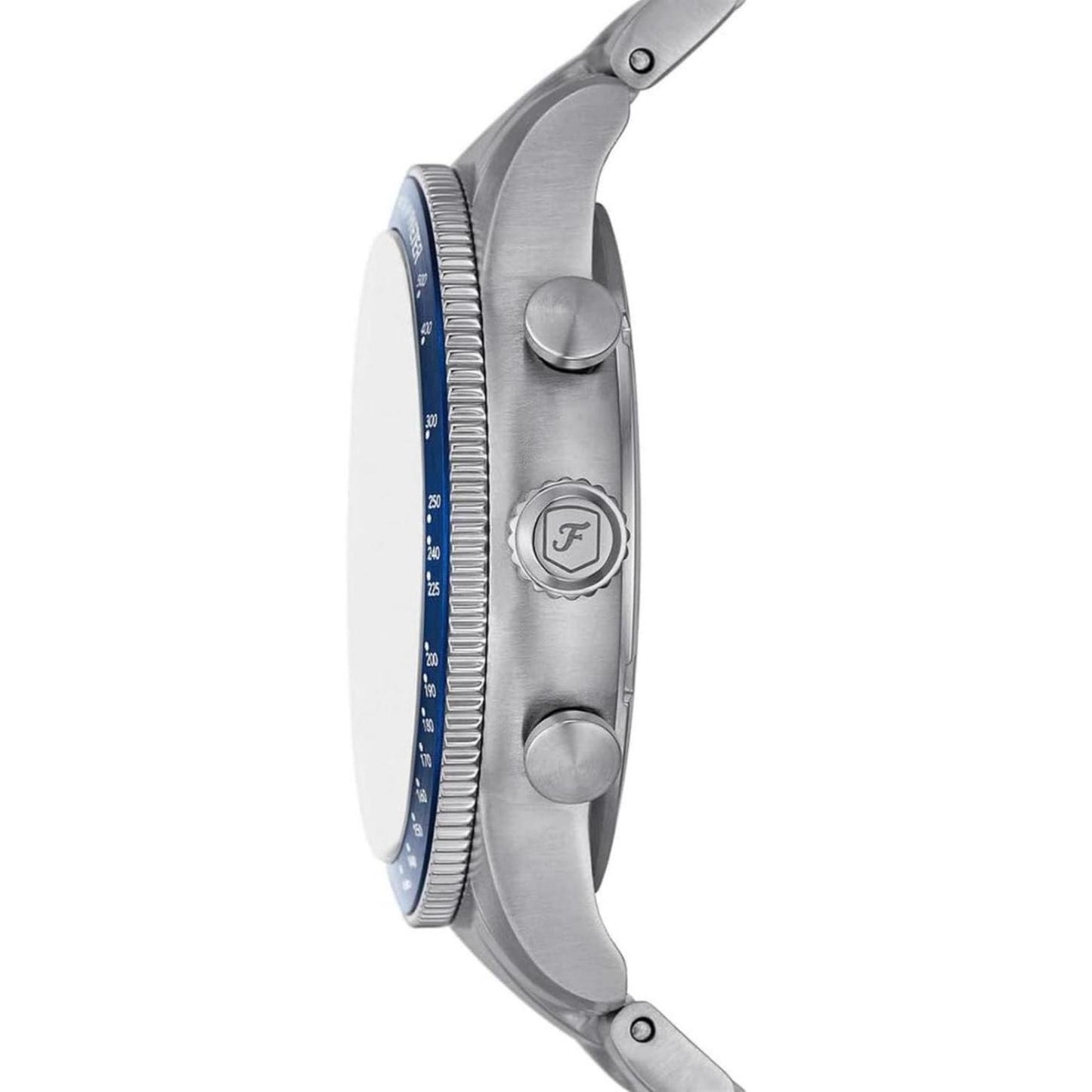 Fossil FS6047 side profile with stainless steel case, crown with logo and chronograph pushers.