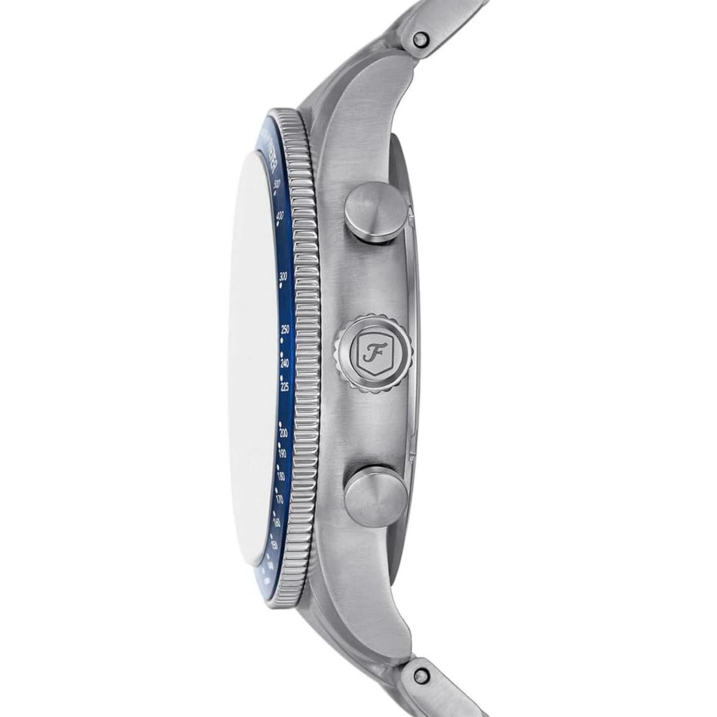 Fossil FS6047 side profile with stainless steel case, crown with logo and chronograph pushers.