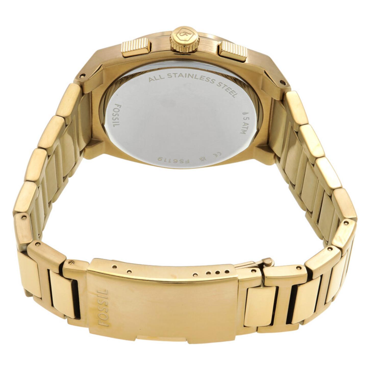 Fossil FS6119 rear view showing stainless steel caseback, chronograph pushers and gold tone bracelet with fold over clasp