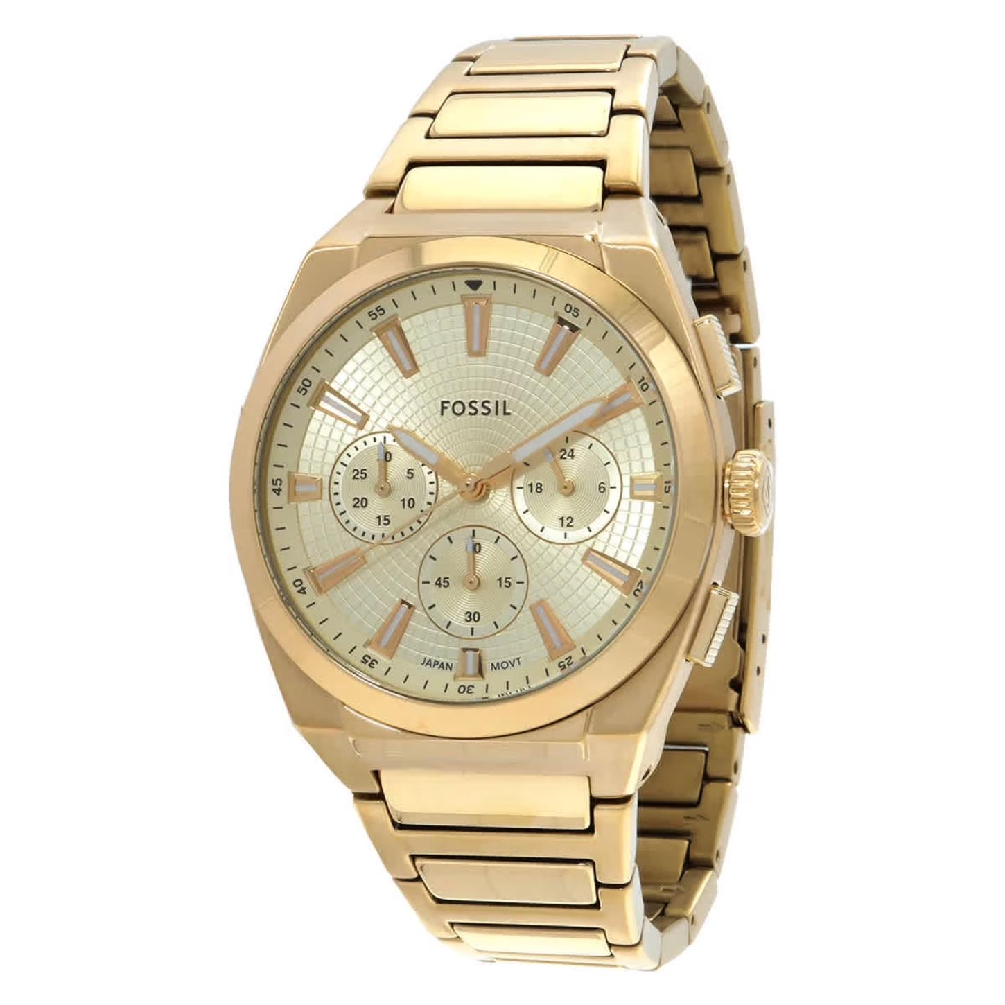 Fossil FS6119 mens chronograph watch with champagne dial, subdials and gold tone stainless steel bracelet in classic dress style