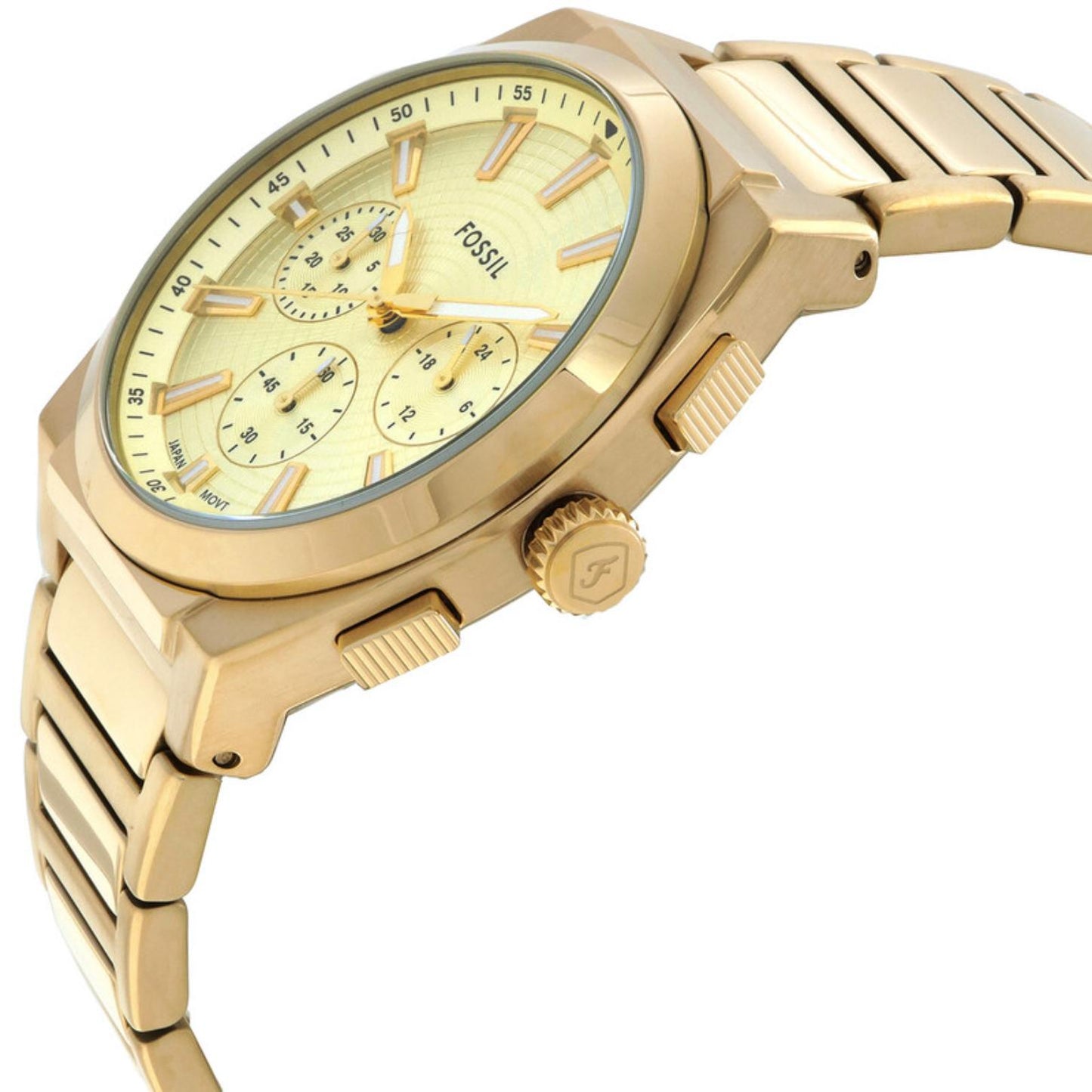 Fossil FS6119 mens chronograph watch angled side view showing gold tone case, pushers, crown and champagne dial details