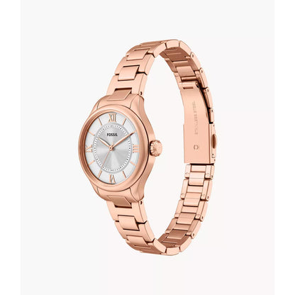 Fossil Gilmore ES5420 with silver dial, rose gold-tone Roman numeral markers, polished rose gold-tone case, and matching link bracelet shown in an angled view.