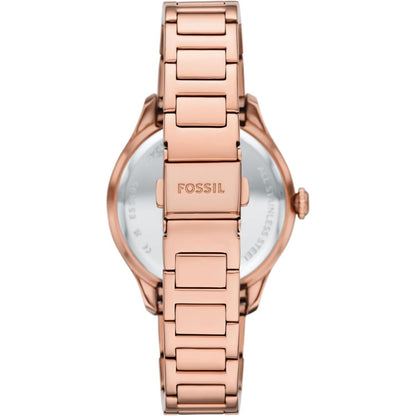 Fossil Gilmore ES5420 with stainless steel rear case and rose gold-tone link bracelet featuring an engraved Fossil clasp closure.