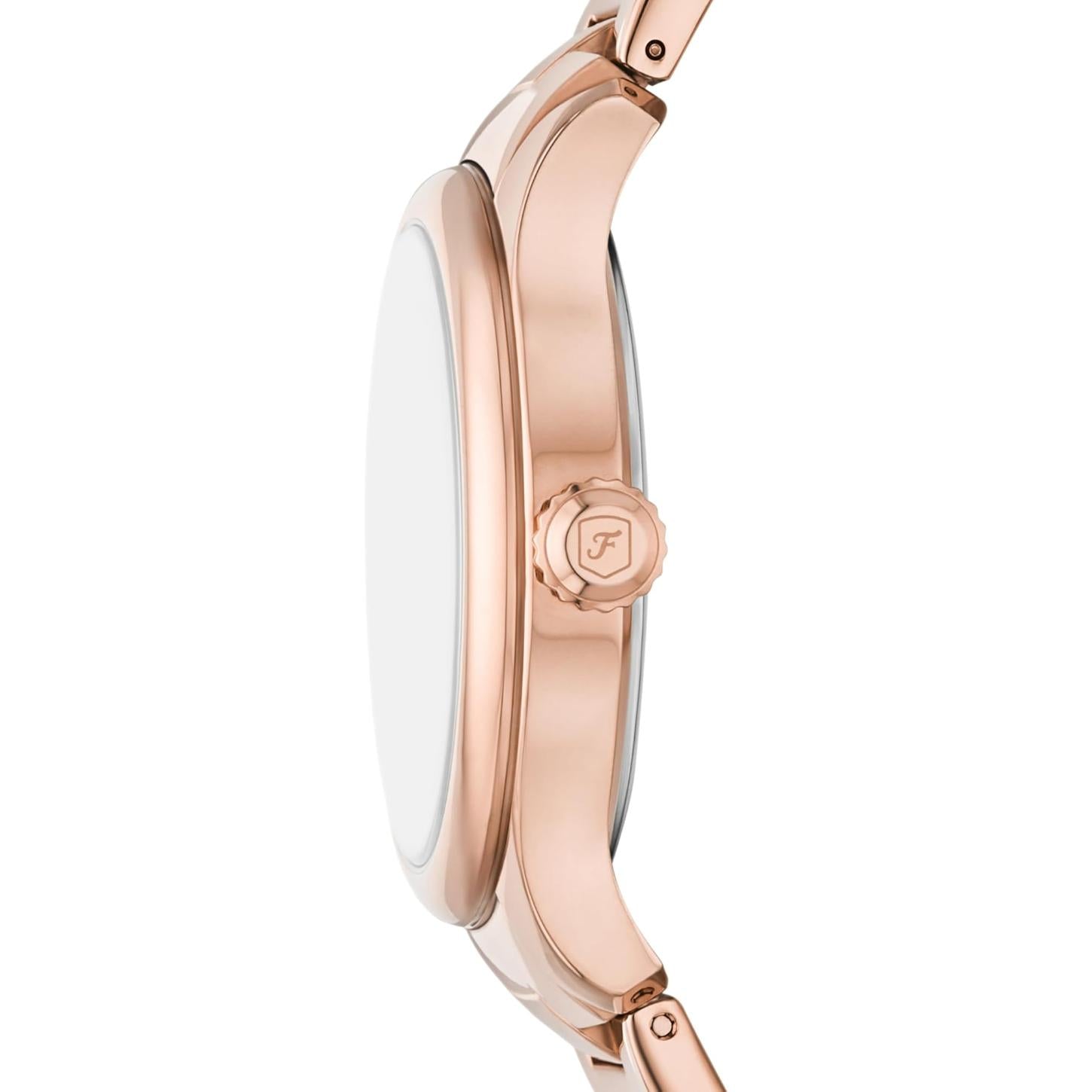 Fossil Gilmore ES5420 with slim rose gold-tone case profile, engraved crown detail, and matching rose gold-tone bracelet attachment.