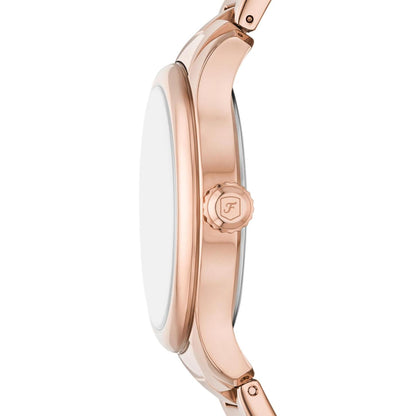 Fossil Gilmore ES5420 with slim rose gold-tone case profile, engraved crown detail, and matching rose gold-tone bracelet attachment.