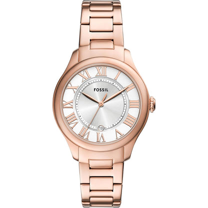 Fossil Gilmore ES5420 with silver sunray dial, rose gold-tone Roman numeral markers, polished rose gold-tone case, and matching stainless steel bracelet.