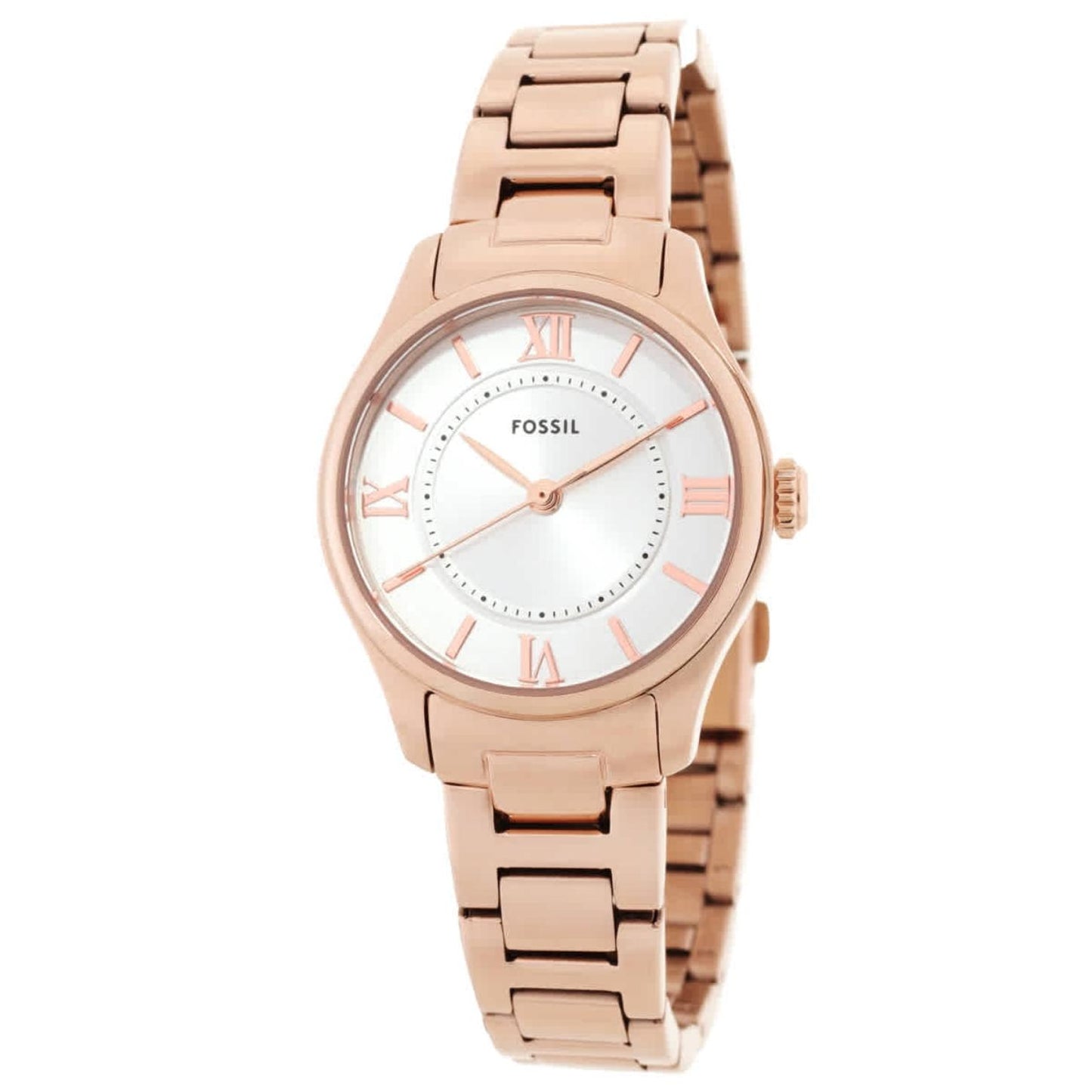 Fossil Gilmore ES5420 with silver dial, rose gold-tone Roman numeral markers, polished rose gold-tone case, and matching link bracelet.