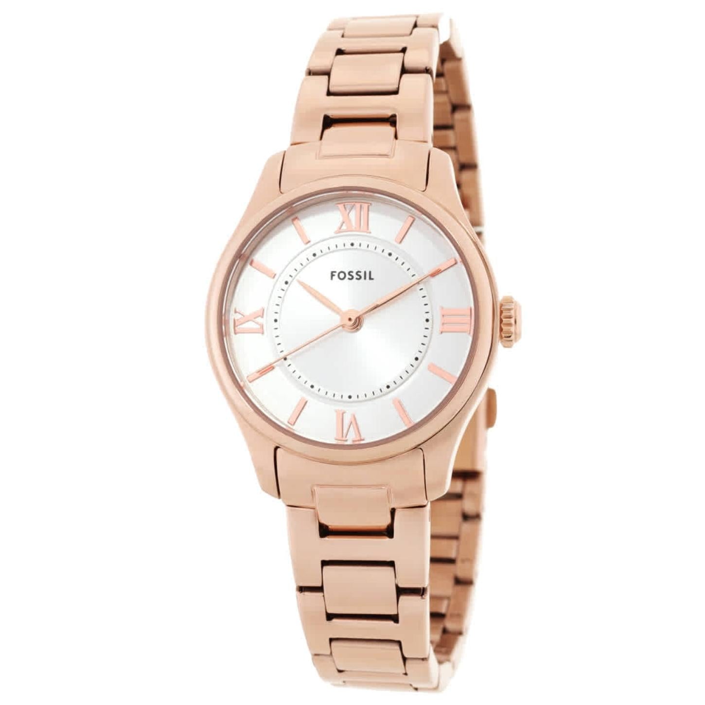 Fossil Gilmore ES5420 with silver dial, rose gold-tone Roman numeral markers, polished rose gold-tone case, and matching link bracelet.