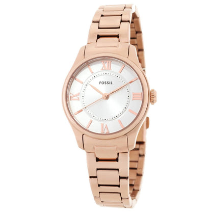 Fossil Gilmore ES5420 with silver dial, rose gold-tone Roman numeral markers, polished rose gold-tone case, and matching link bracelet.