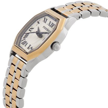 Fossil Harlow ES5362 with a white dial, black Roman numeral hour markers, two-tone silver and gold-tone case, textured crown, and matching two-tone bracelet.