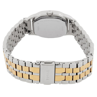 Fossil Harlow ES5362 with an engraved silver-tone caseback, two-tone silver and gold-tone bracelet, and fold-over clasp.