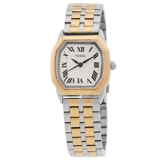 Fossil Harlow ES5362 with a white dial, black Roman numeral hour markers, two-tone silver and gold-tone case, and matching two-tone bracelet.
