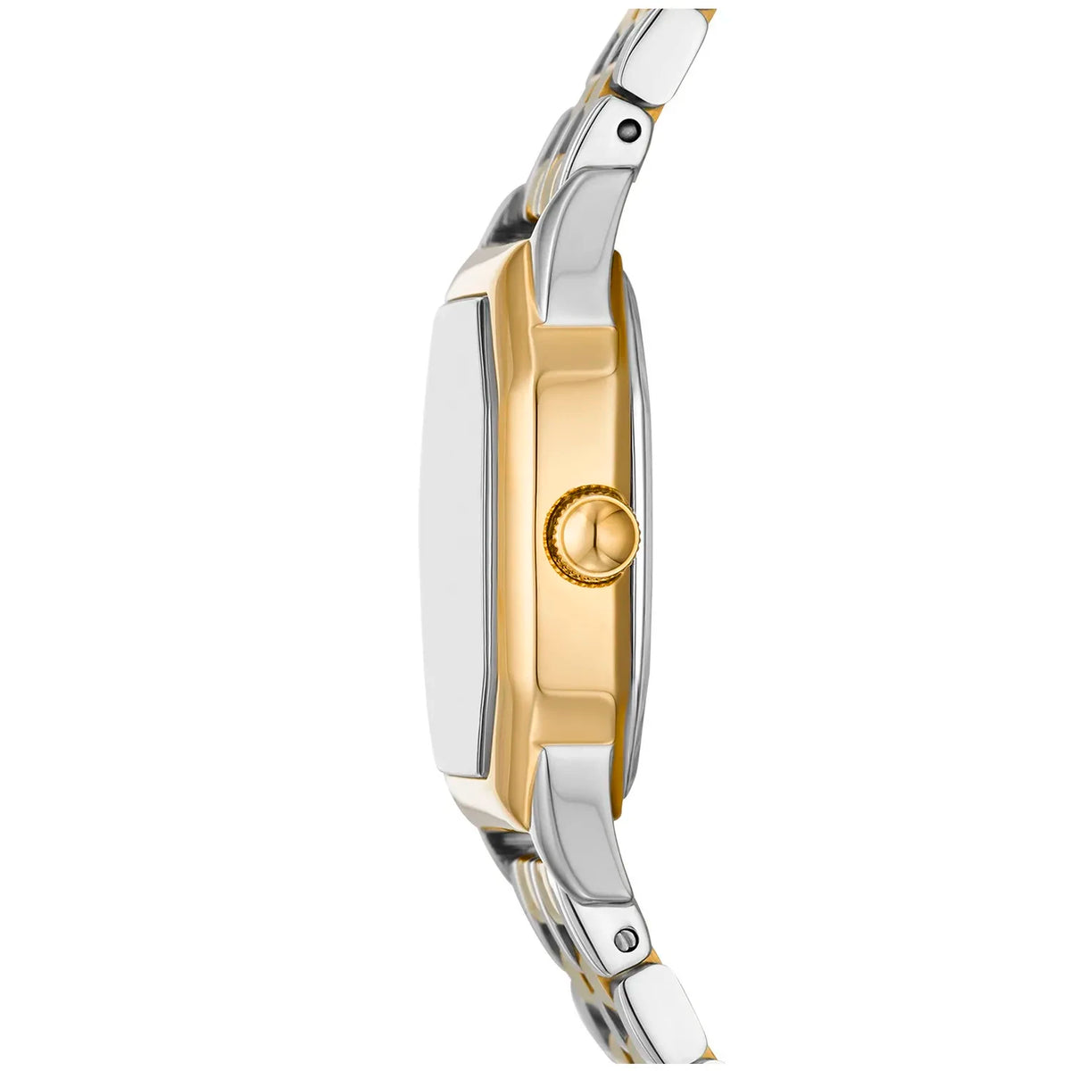 Fossil Harlow ES5362 with a slim side profile, polished gold-tone case, matching crown, and two-tone silver and gold-tone bracelet.