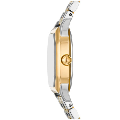 Fossil Harlow ES5362 with a slim side profile, polished gold-tone case, matching crown, and two-tone silver and gold-tone bracelet.