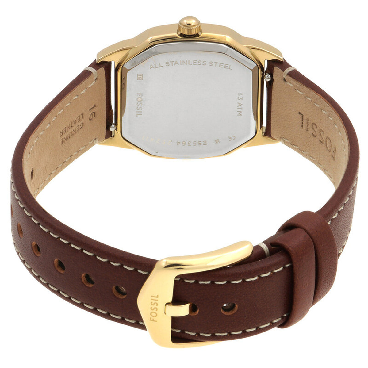 Fossil Harlow ES5364 with a stainless steel caseback, gold-tone case, brown leather strap with contrast stitching, and matching gold-tone buckle.