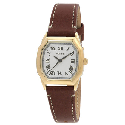 Fossil Harlow ES5364 with a white dial, black Roman numeral hour markers, gold-tone case, and brown leather strap with contrast stitching.