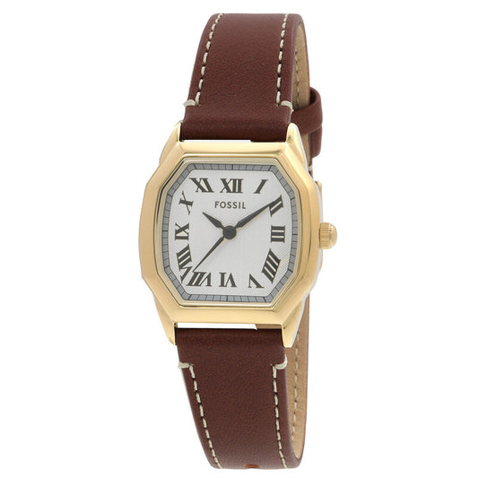 Fossil Harlow ES5364 with a white dial, black Roman numeral hour markers, gold-tone case, and brown leather strap with contrast stitching.