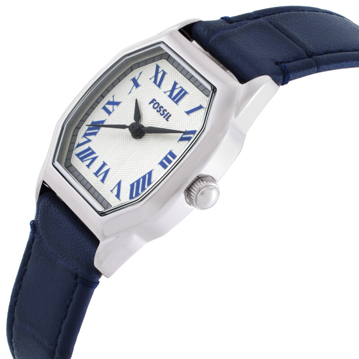 Fossil Harlow ES5425 with a white dial, blue Roman numeral hour markers, silver-tone case, textured crown, and blue leather strap.
