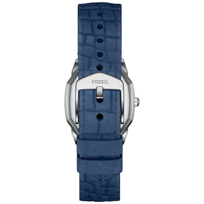 Fossil Harlow ES5425 with a blue textured leather strap, silver-tone case profile, and Fossil-branded silver-tone buckle.