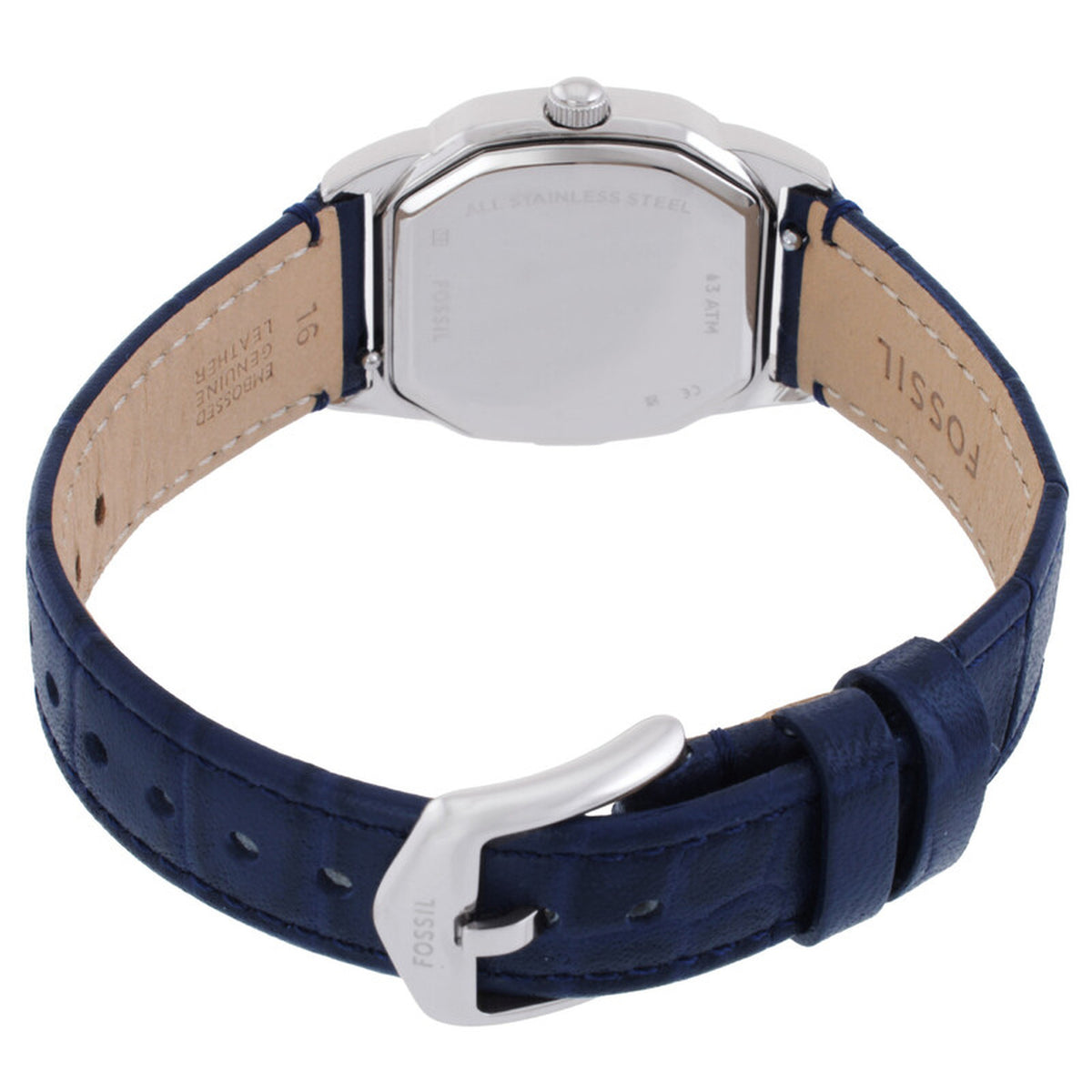 Fossil Harlow ES5425 with an engraved stainless steel caseback, blue leather strap, and Fossil-branded silver-tone buckle.