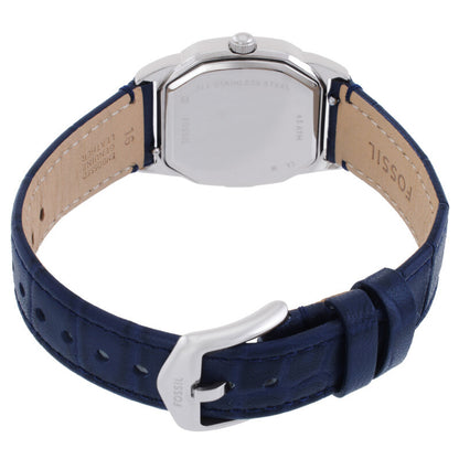 Fossil Harlow ES5425 with an engraved stainless steel caseback, blue leather strap, and Fossil-branded silver-tone buckle.