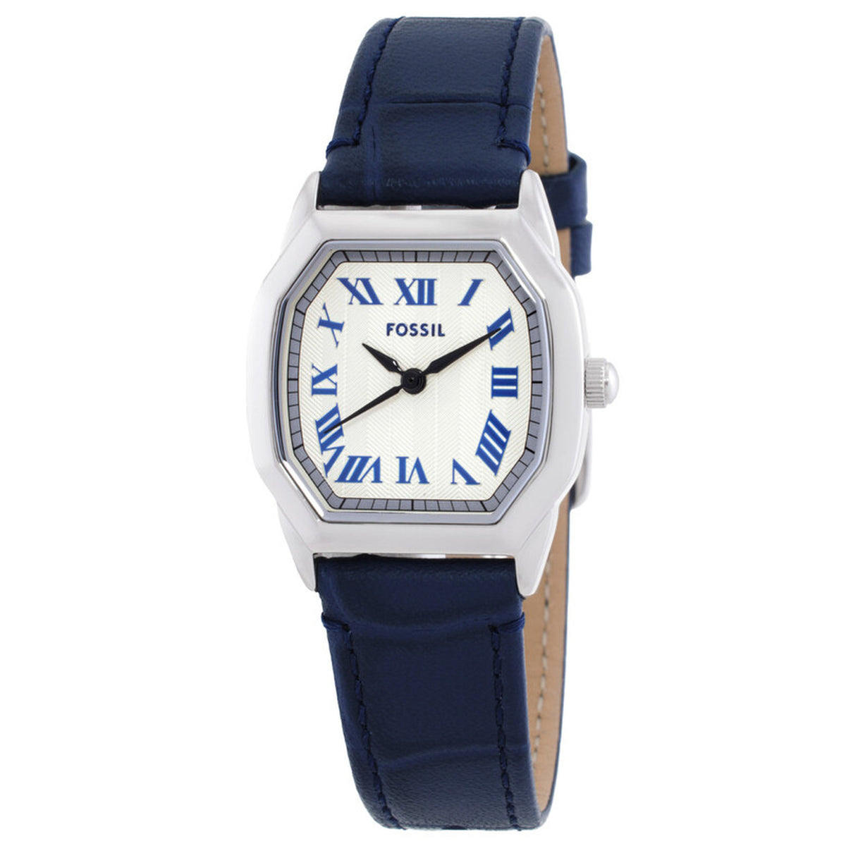 Fossil Harlow ES5425 with a white dial, blue Roman numeral hour markers, silver-tone case, and blue leather strap.