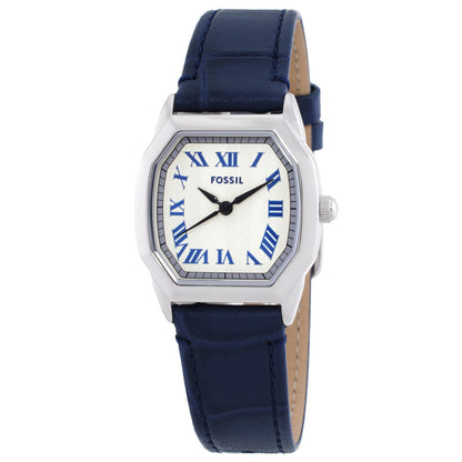 Fossil Harlow ES5425 with a white dial, blue Roman numeral hour markers, silver-tone case, and blue leather strap.