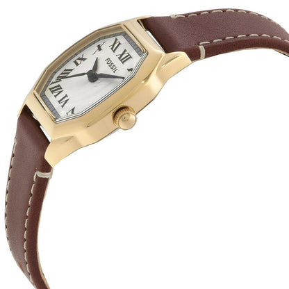 Fossil Harlow ES5364 with a stainless steel caseback, gold-tone case, brown leather strap with contrast stitching, and matching gold-tone buckle.